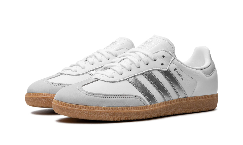 adidas Samba OG Sneakers - White and Metallic Silver with Gum Sole