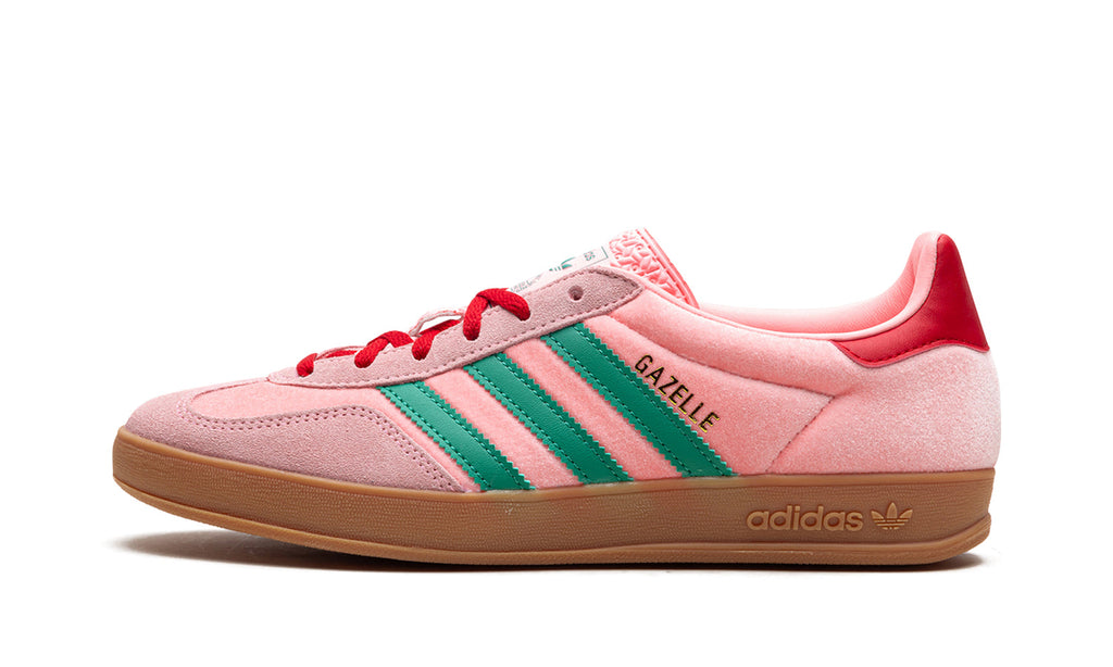 adidas Gazelle Indoor Sneakers - Pink with Green Stripes, Red Accents and Gum Sole