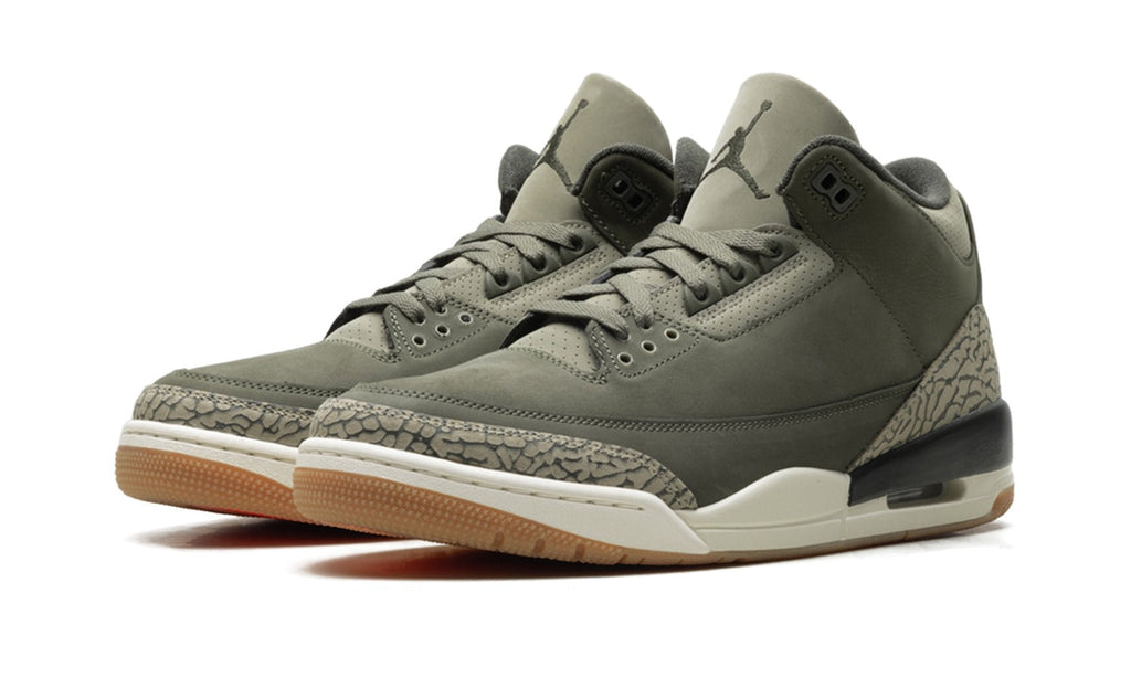 Air Jordan 3 Sneakers - Olive/Black with Elephant Print and Gum-Colored Sole