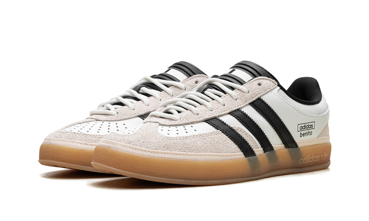adidas Gazelle Indoor Sneakers - White & Black with Benito Branding and Gum Sole