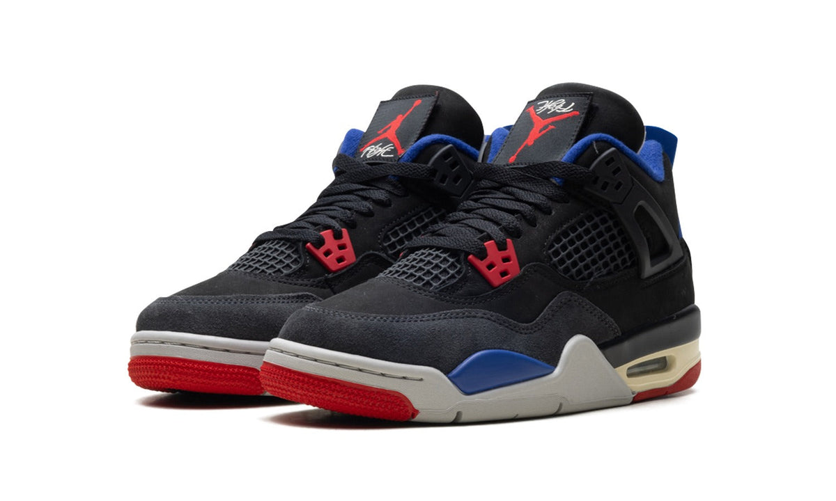 Air Jordan 4 Sneakers - Black/Blue/Red with Grey and Cream Midsole