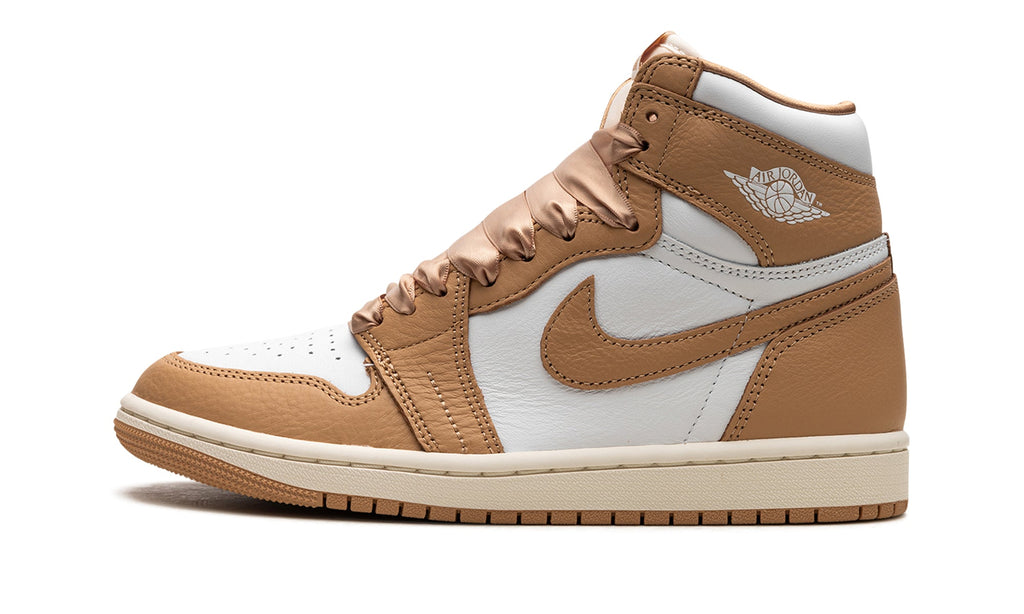 Air Jordan 1 Retro High OG Sneakers - Tan and White with Satin-Style Ribbon Laces