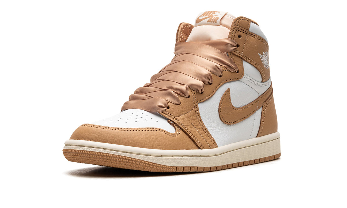 Air Jordan 1 Retro High OG Sneakers - Tan and White with Satin-Style Ribbon Laces