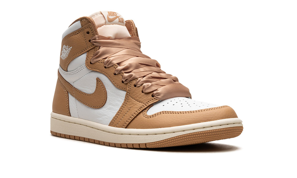 Air Jordan 1 Retro High OG Sneakers - Tan and White with Satin-Style Ribbon Laces