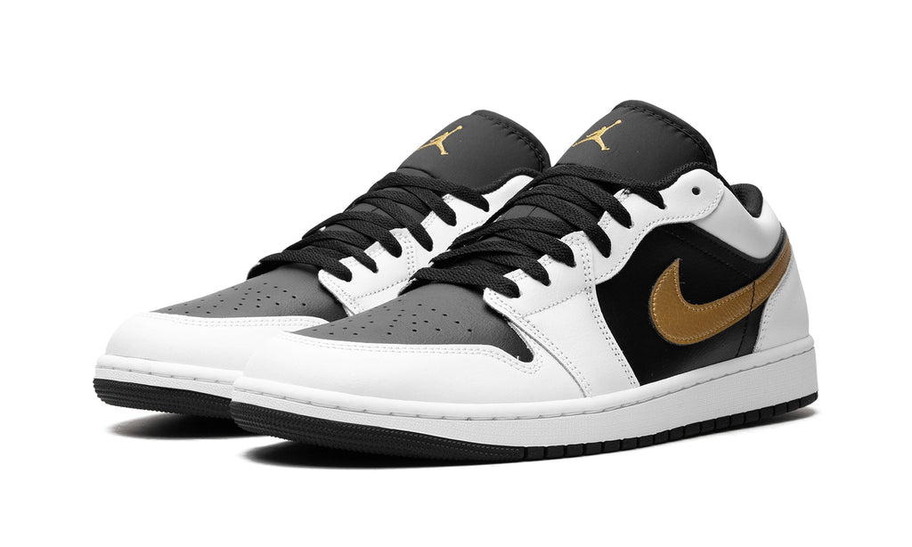 Air Jordan 1 Low Sneakers - White/Black with Metallic Gold Swoosh