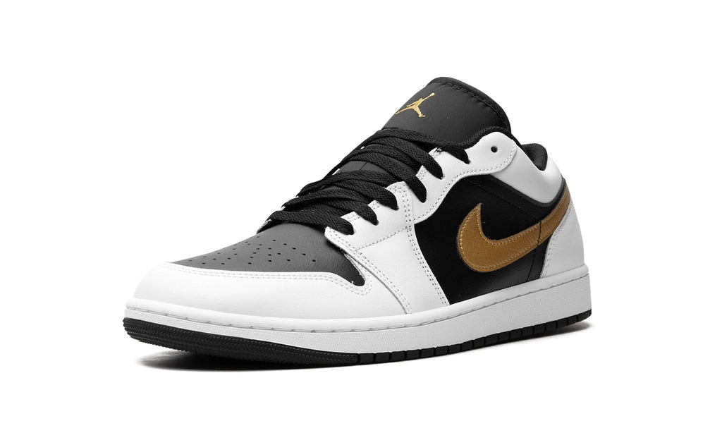 Air Jordan 1 Low Sneakers - White/Black with Metallic Gold Swoosh