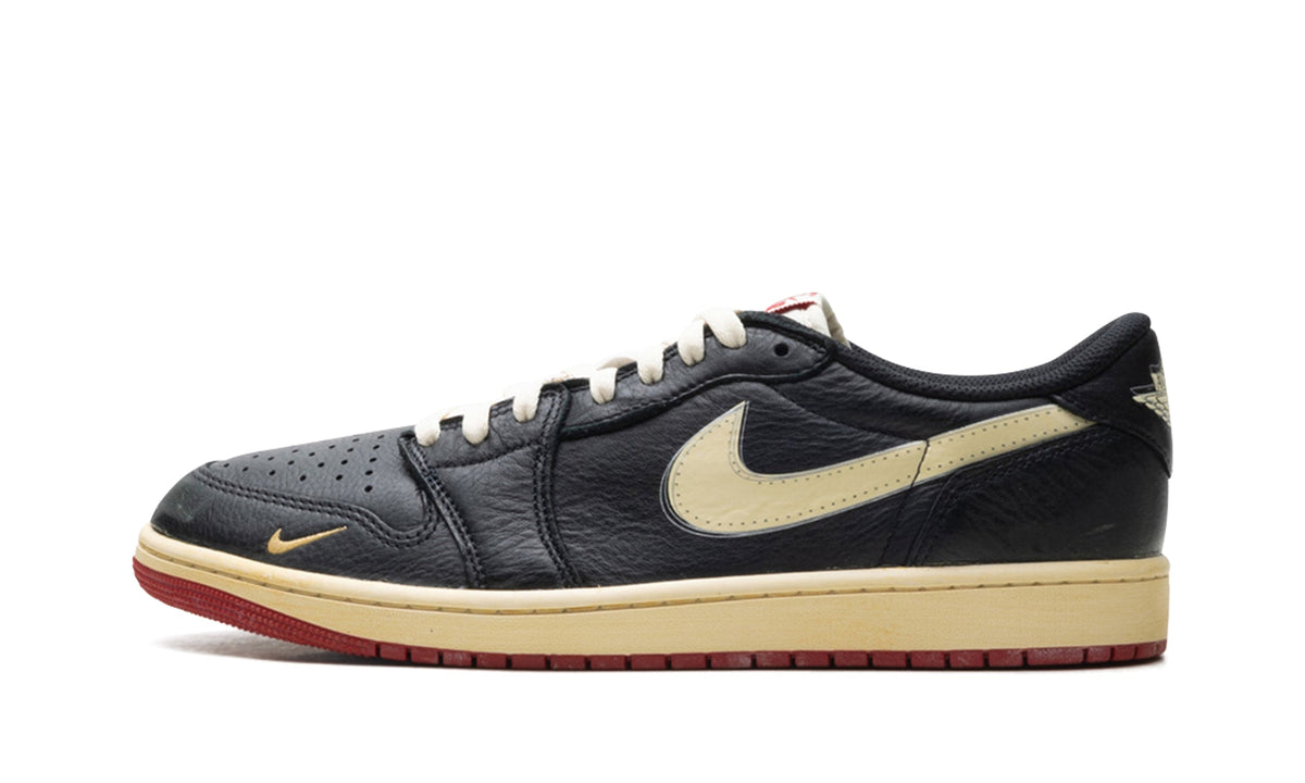 Air Jordan 1 Low OG Sneakers - Black & Cream with Red Outsole and Mini Swoosh