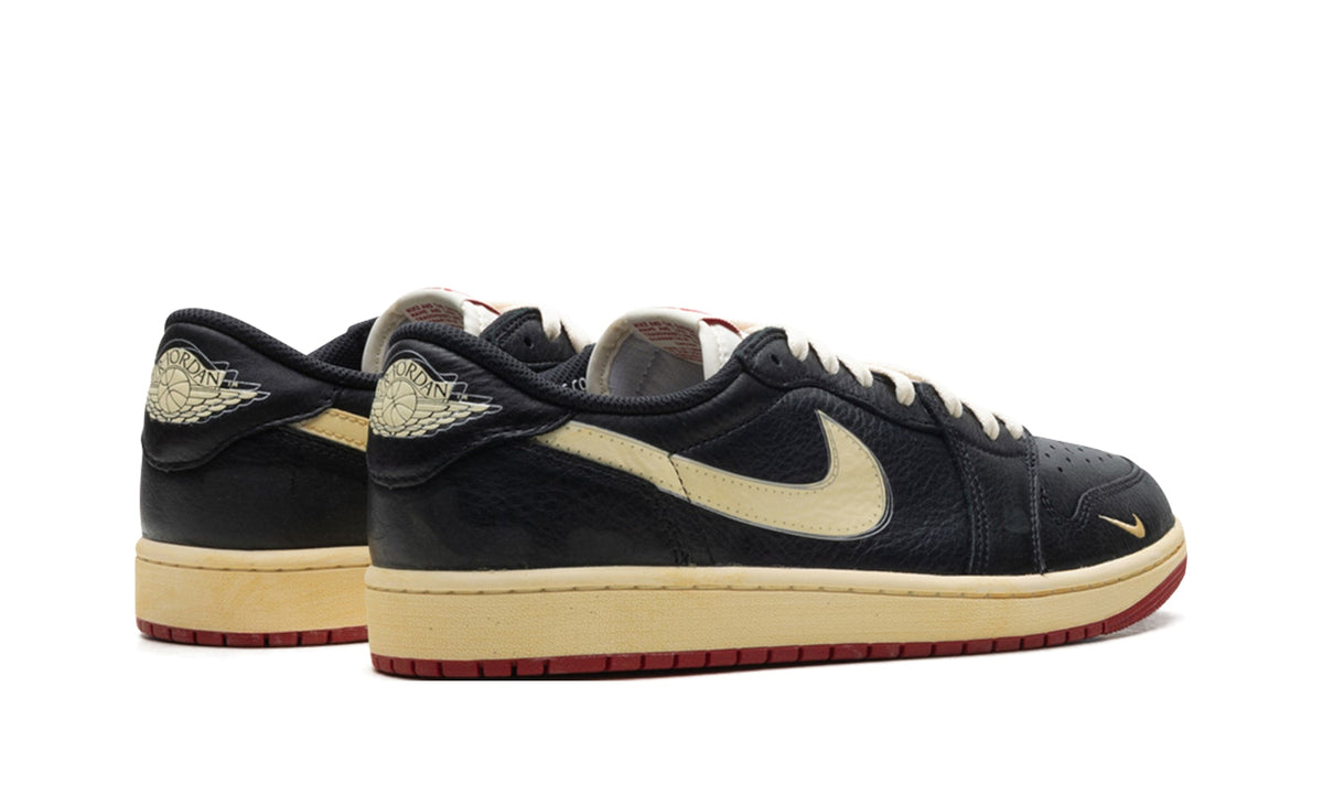 Air Jordan 1 Low OG Sneakers - Black & Cream with Red Outsole and Mini Swoosh