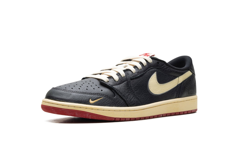 Air Jordan 1 Low OG Sneakers - Black & Cream with Red Outsole and Mini Swoosh