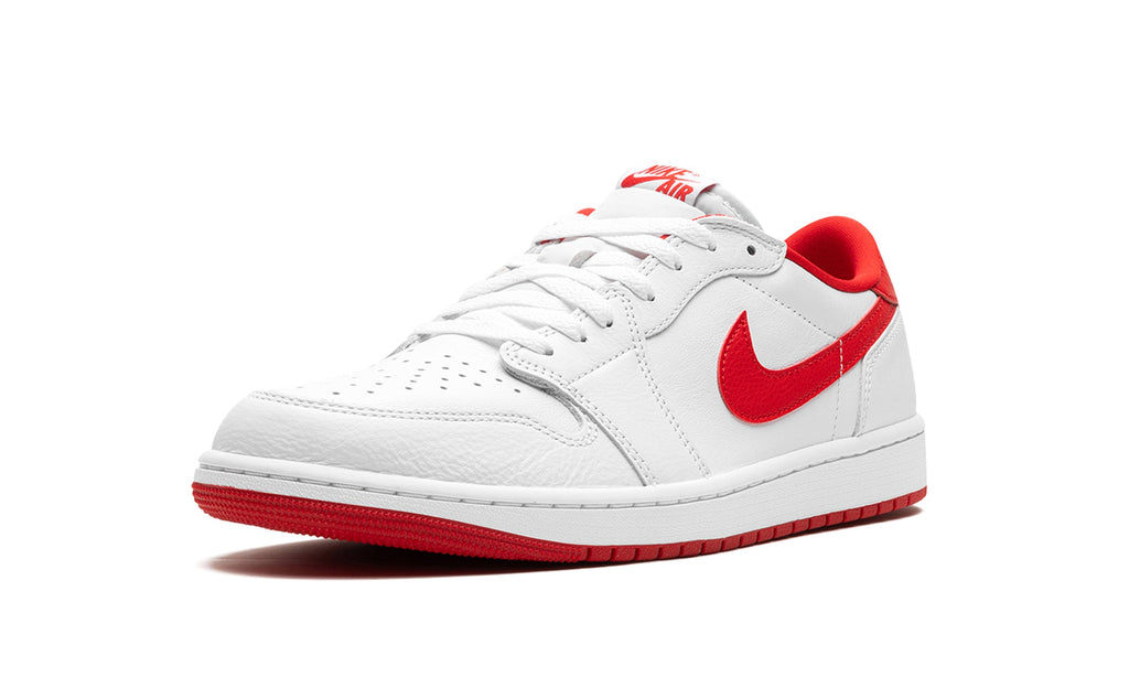 Air Jordan 1 Retro Low OG Sneakers - White with Red Swooshes and Outsole