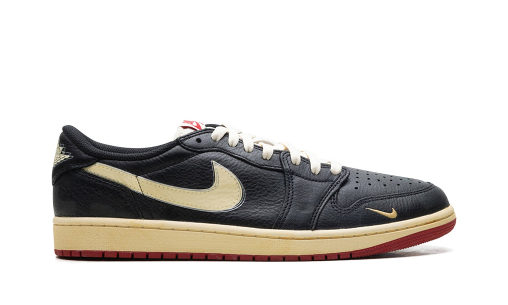Air Jordan 1 Low OG Sneakers - Black & Cream with Red Outsole and Mini Swoosh