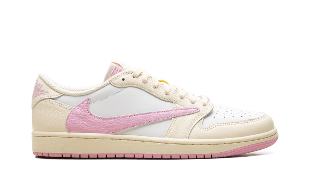 Air Jordan 1 Low OG Sneakers - White and Cream with Pink Swoosh and Outsole