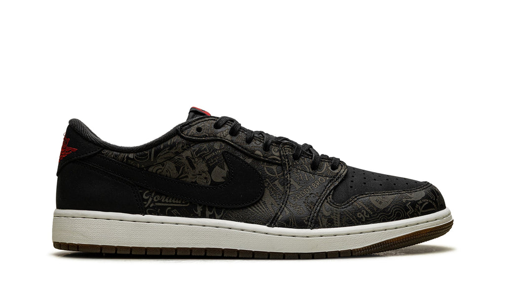 Air Jordan 1 Retro Low OG Sneakers - Black with Tonal Graphic Print and Red Accents