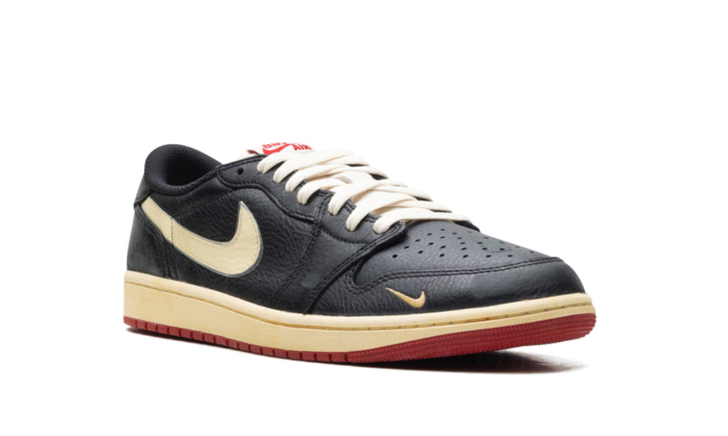 Air Jordan 1 Low OG Sneakers - Black & Cream with Red Outsole and Mini Swoosh