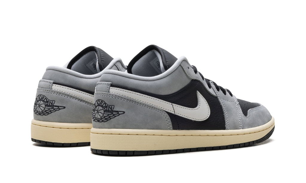 Air Jordan 1 Low Sneakers - Gray and Black with White Swooshes and Cream Midsole