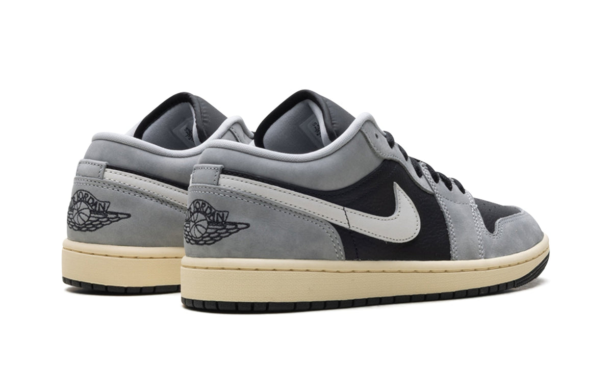 Air Jordan 1 Low Sneakers - Gray and Black with White Swooshes and Cream Midsole