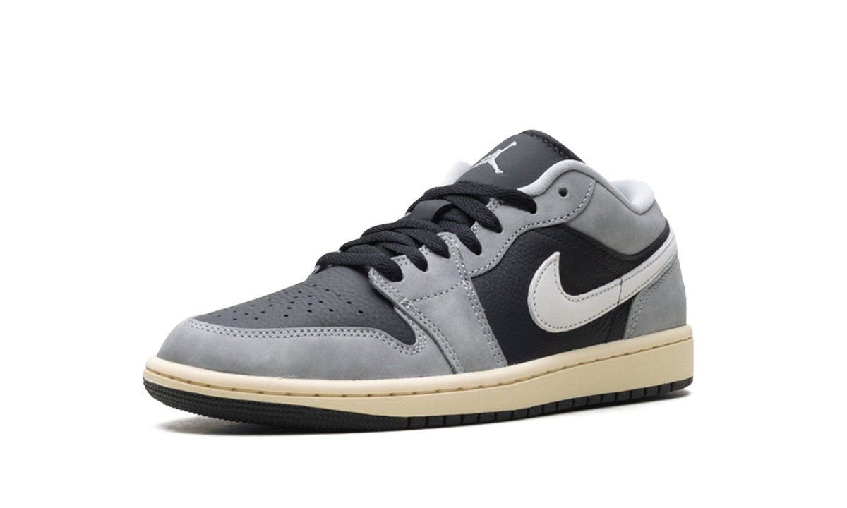 Air Jordan 1 Low Sneakers - Gray and Black with White Swooshes and Cream Midsole