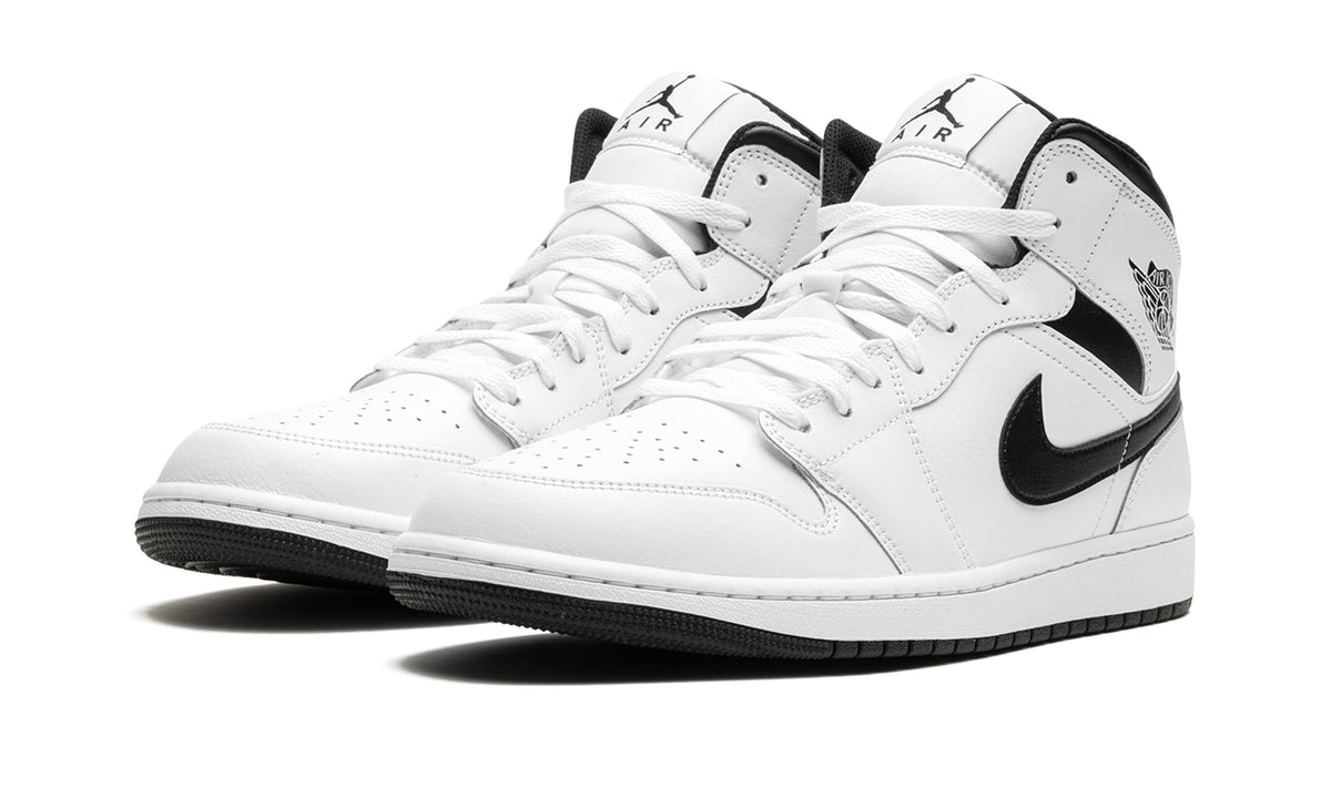 Air Jordan 1 Mid Sneakers - White with Black Swooshes and Collar
