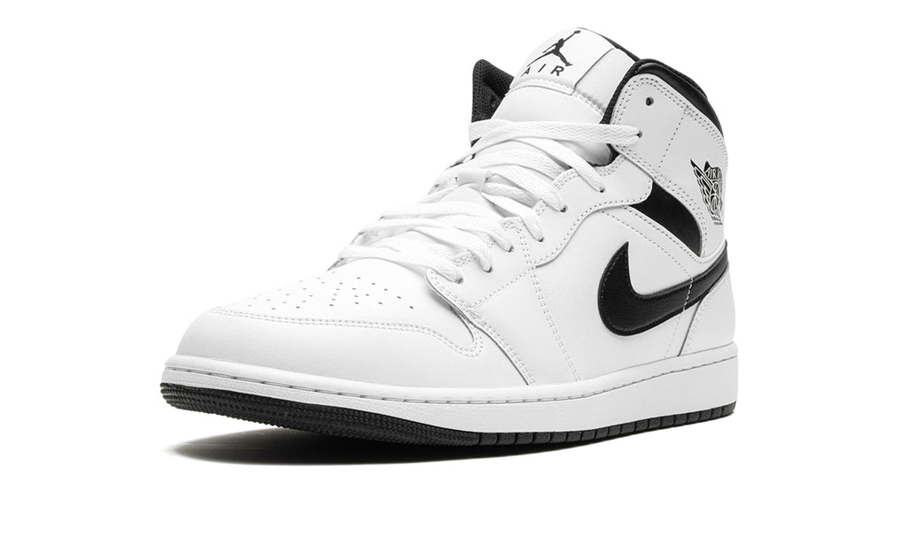 Air Jordan 1 Mid Sneakers - White with Black Swooshes and Collar