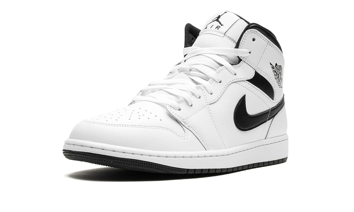 Air Jordan 1 Mid Sneakers - White with Black Swooshes and Collar