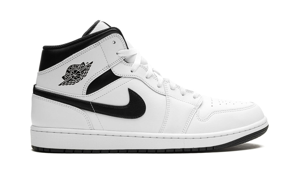 Air Jordan 1 Mid Sneakers - White with Black Swooshes and Collar