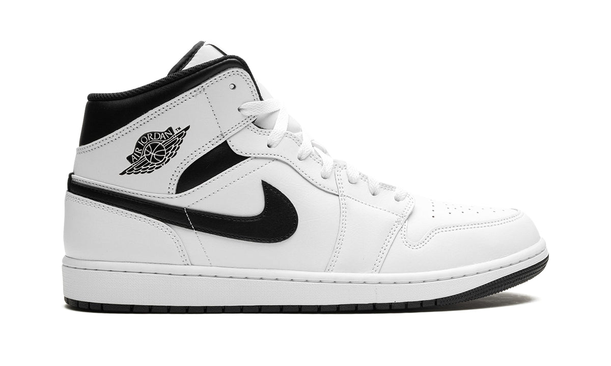 Air Jordan 1 Mid Sneakers - White with Black Swooshes and Collar