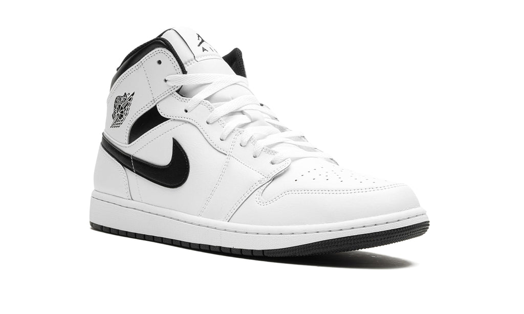 Air Jordan 1 Mid Sneakers - White with Black Swooshes and Collar