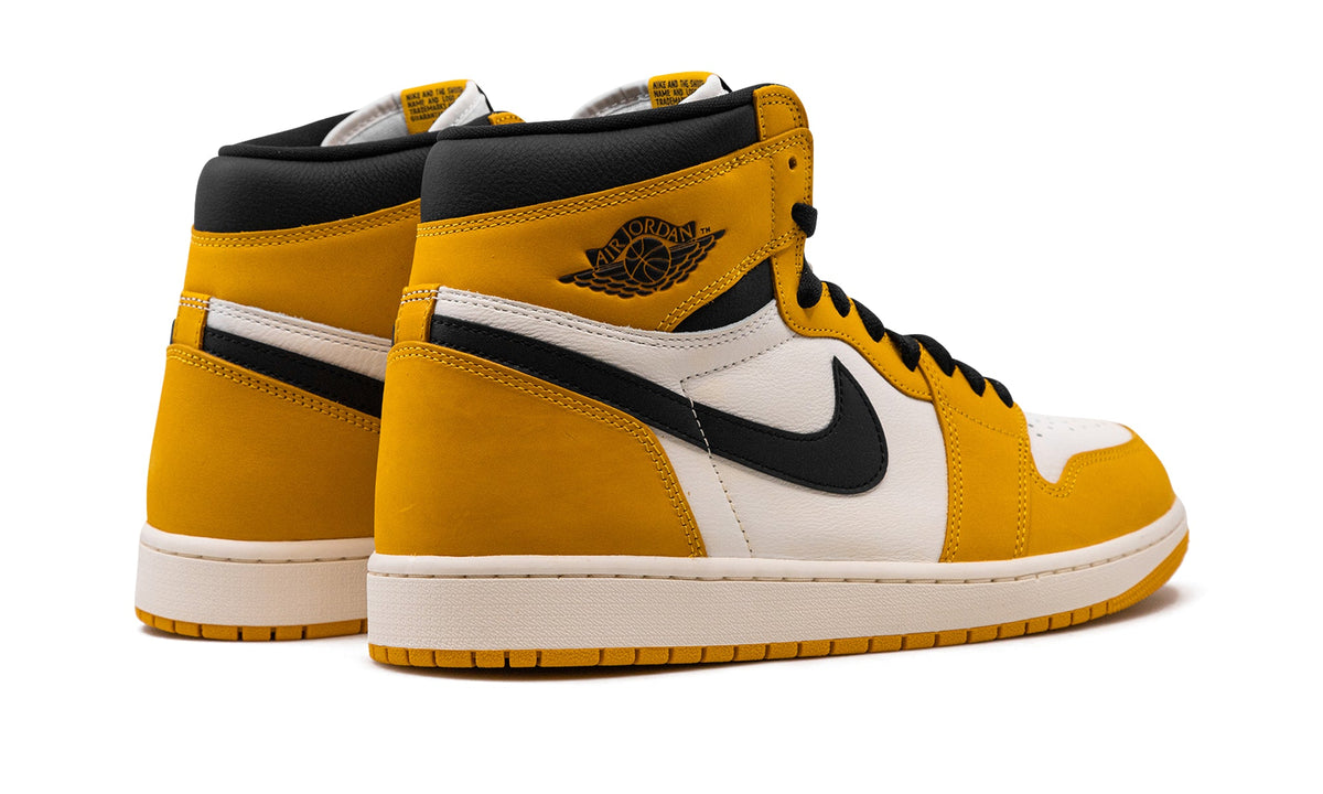 Air Jordan 1 Retro High OG Sneakers - Golden Yellow and White with Black Swooshes