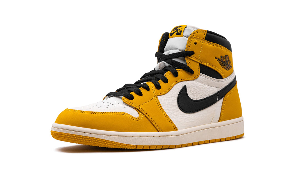 Air Jordan 1 Retro High OG Sneakers - Golden Yellow and White with Black Swooshes