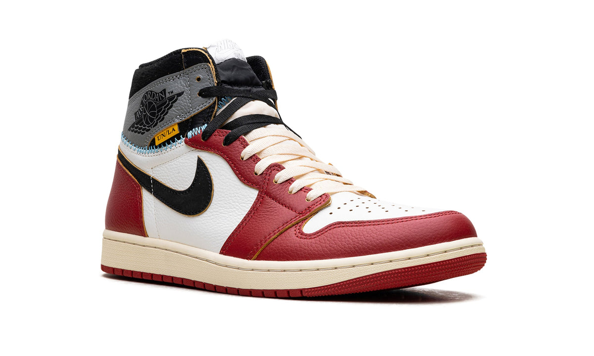Air Jordan 1 High Sneakers - Red and White with Gray Collar and UN/LA Details