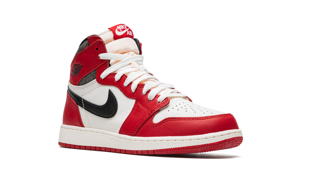 Air Jordan 1 Retro High OG Sneakers - Red and White with Black Swoosh and Cracked Collar