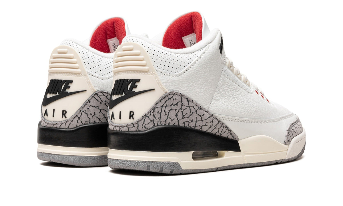 Air Jordan 3 Sneakers - White/Cement Grey with Elephant Print and Red Accents
