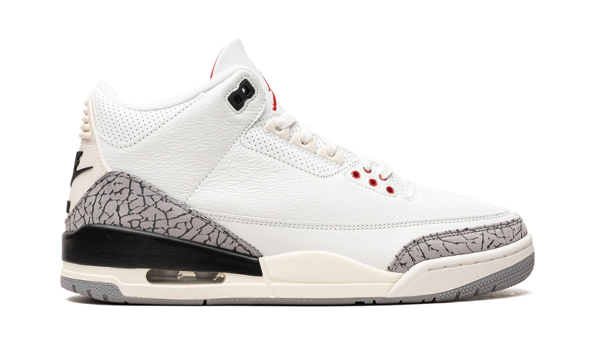 Air Jordan 3 Sneakers - White/Cement Grey with Elephant Print and Red Accents