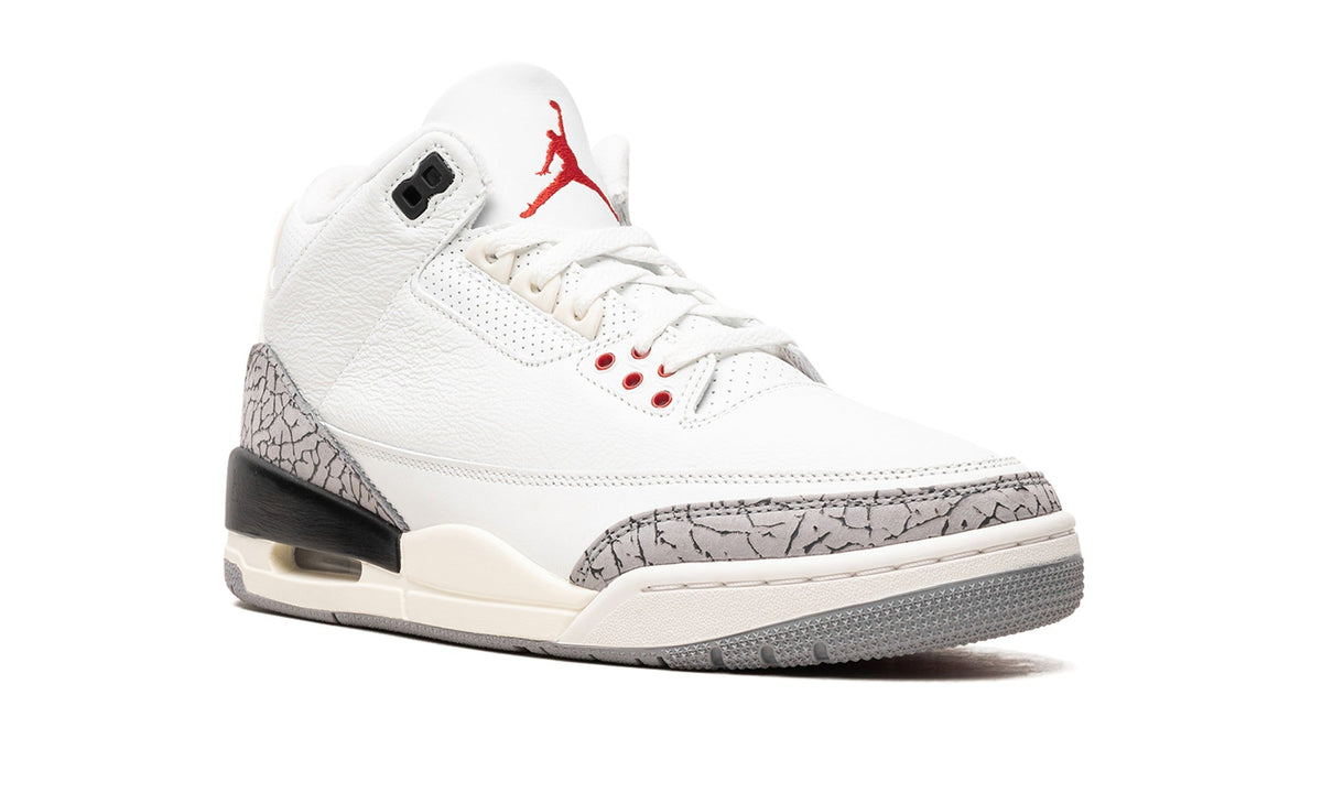 Air Jordan 3 Sneakers - White/Cement Grey with Elephant Print and Red Accents
