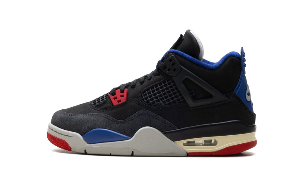 Air Jordan 4 Sneakers - Black/Blue/Red with Grey and Cream Midsole