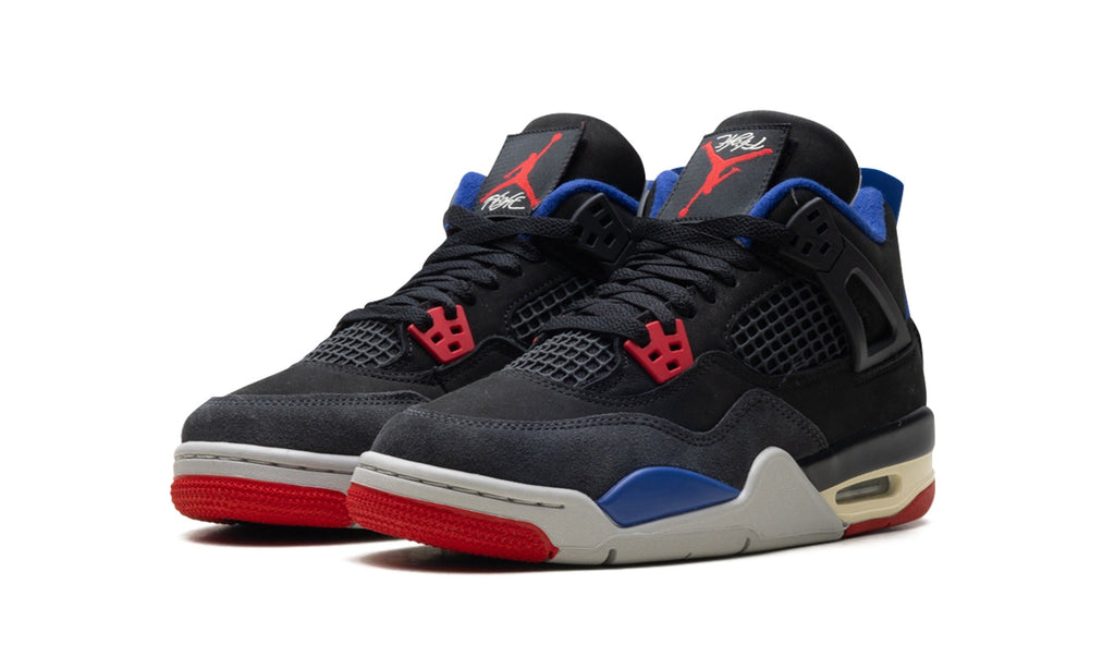Air Jordan 4 Sneakers - Black/Blue/Red with Grey and Cream Midsole