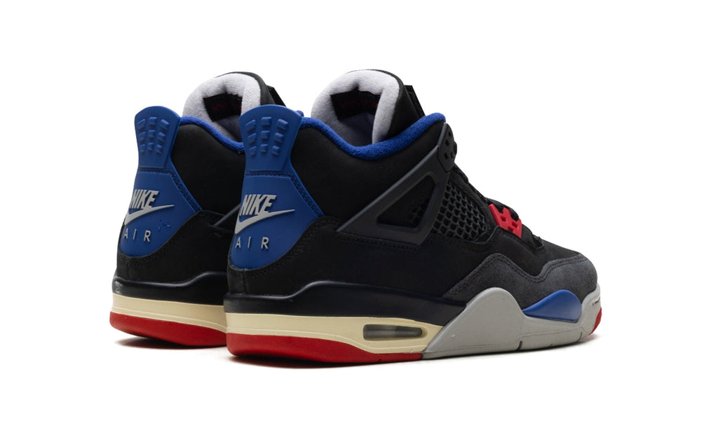 Air Jordan 4 Sneakers - Black/Blue/Red with Grey and Cream Midsole