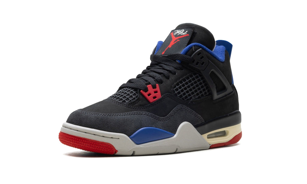 Air Jordan 4 Sneakers - Black/Blue/Red with Grey and Cream Midsole
