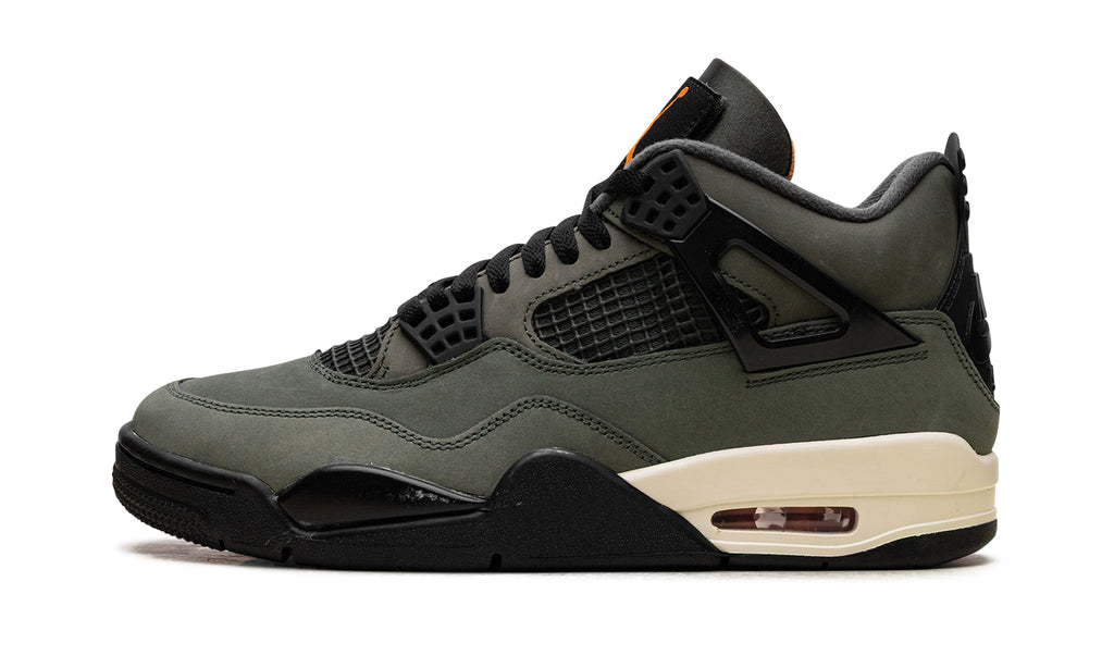 Air Jordan 4 Retro Sneakers - Olive Gray and Black with Orange Accents