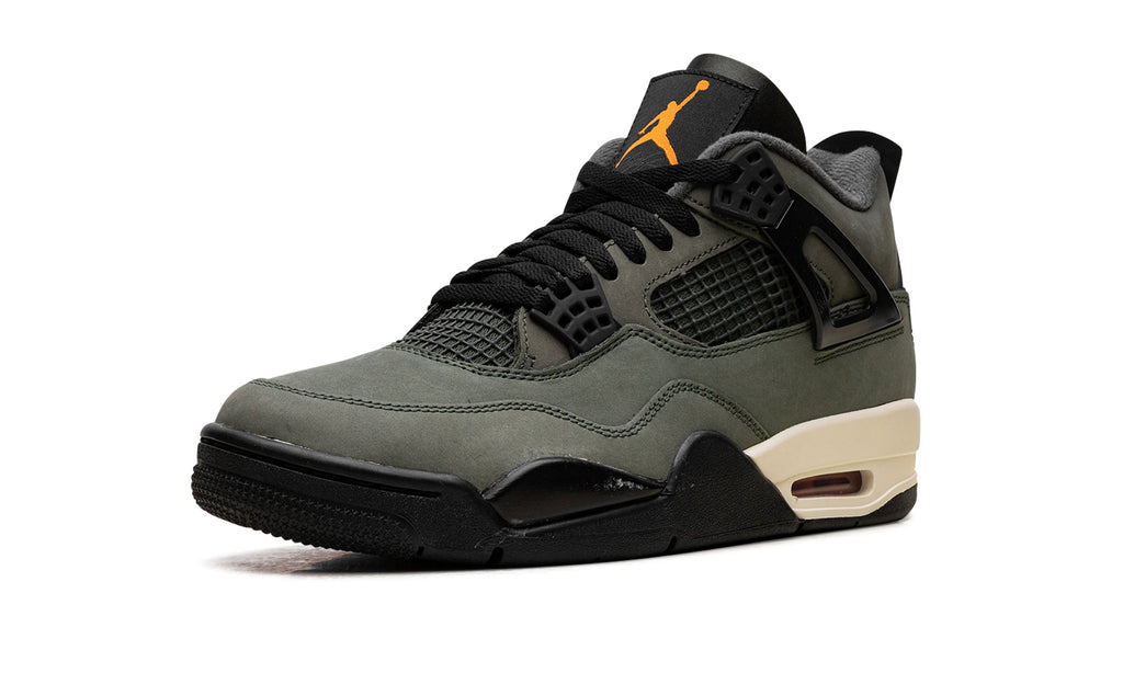 Air Jordan 4 Retro Sneakers - Olive Gray and Black with Orange Accents