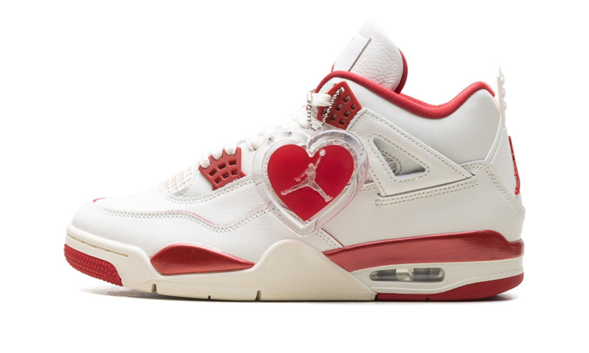 Air Jordan 4 Sneakers - White/Red with Cream Midsole and Heart Detail