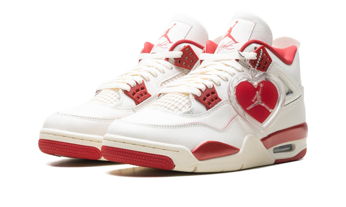 Air Jordan 4 Sneakers - White/Red with Cream Midsole and Heart Detail