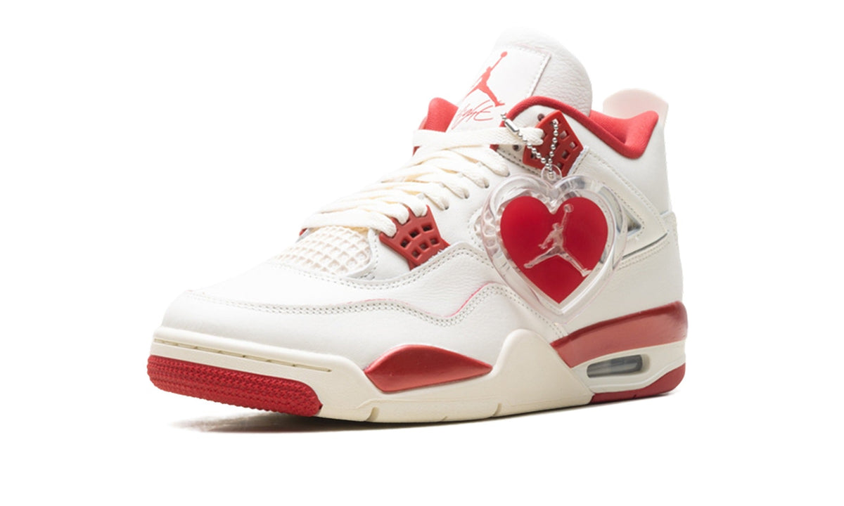 Air Jordan 4 Sneakers - White/Red with Cream Midsole and Heart Detail