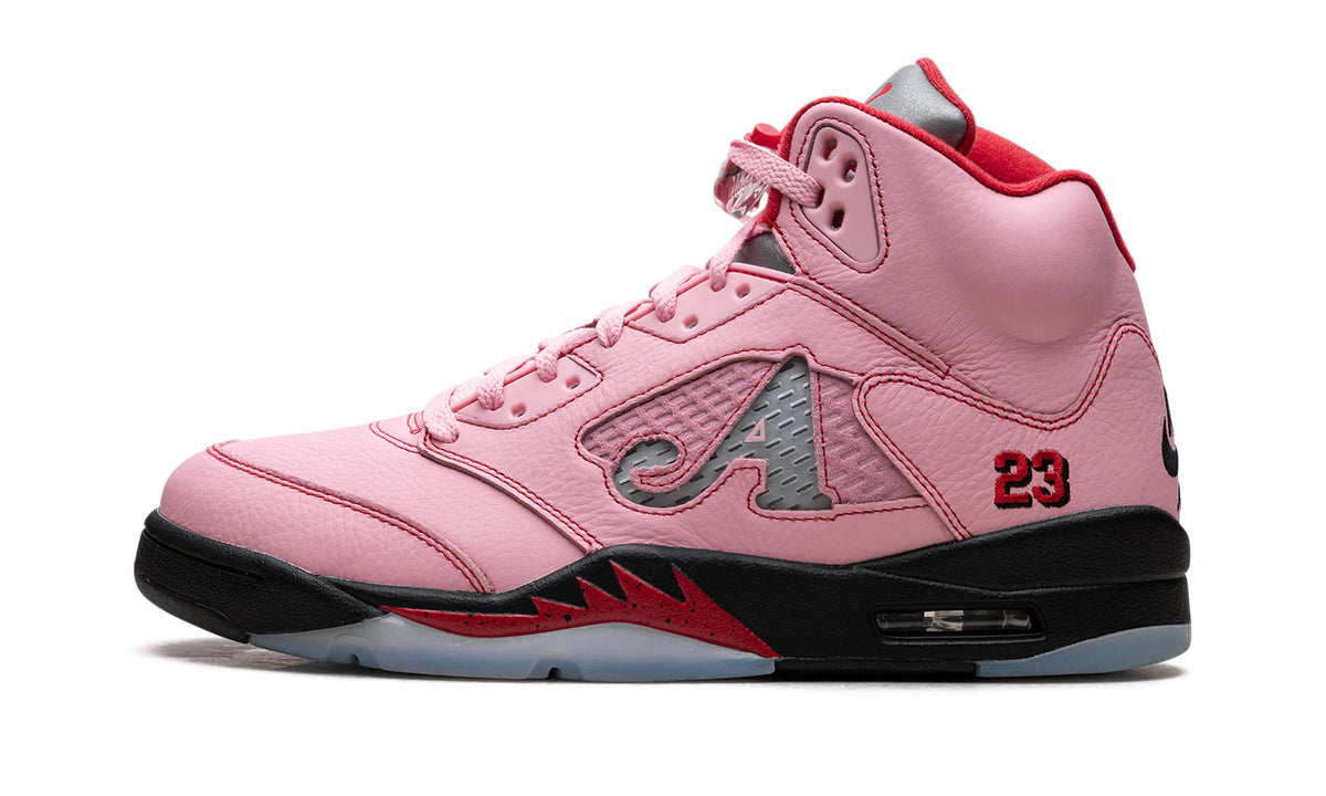 Air Jordan 5 High-Top Sneakers - Pink with Gray A Detail and Red Accents