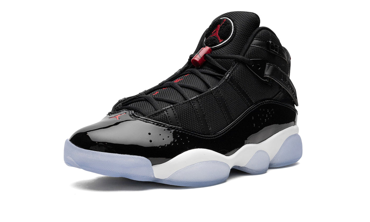 Jordan 6 Rings Sneakers - Black and White with Red Details and Icy Blue Outsole