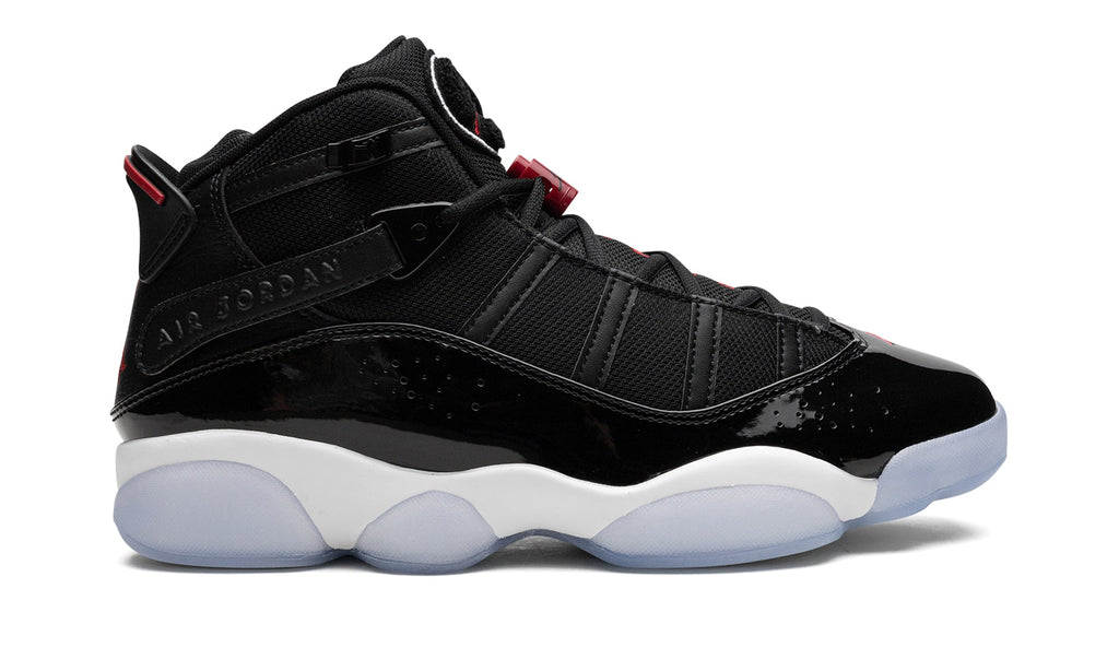 Jordan 6 Rings Sneakers - Black and White with Red Details and Icy Blue Outsole