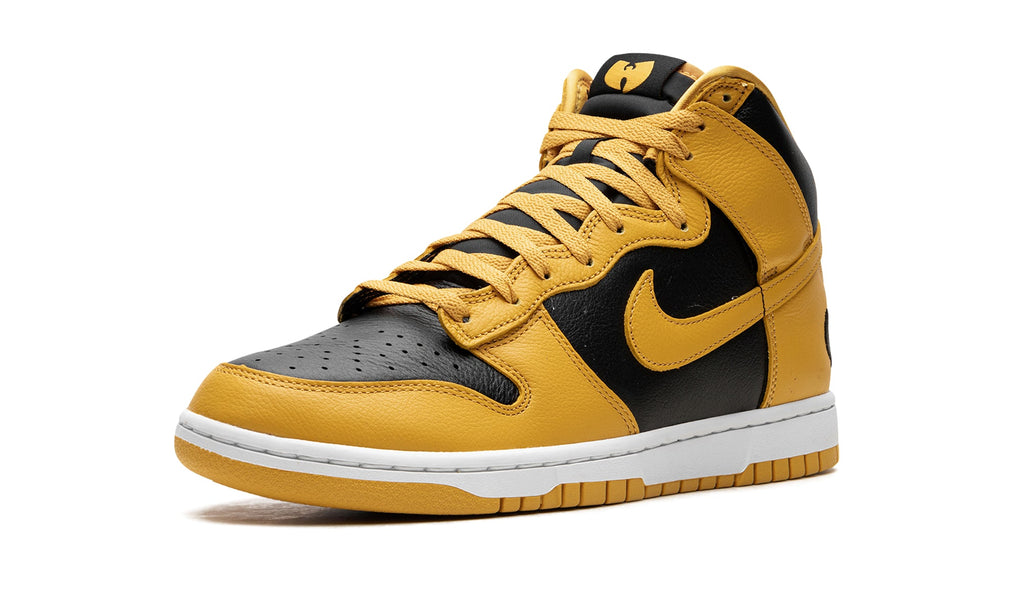 Nike Dunk High Sneakers - Golden Yellow and Black with Wu-Tang Logo Details
