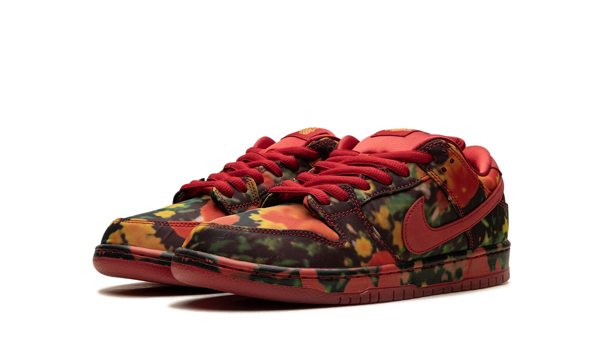 Nike Dunk Low Sneakers - Multicolor Abstract Print with Red Swooshes