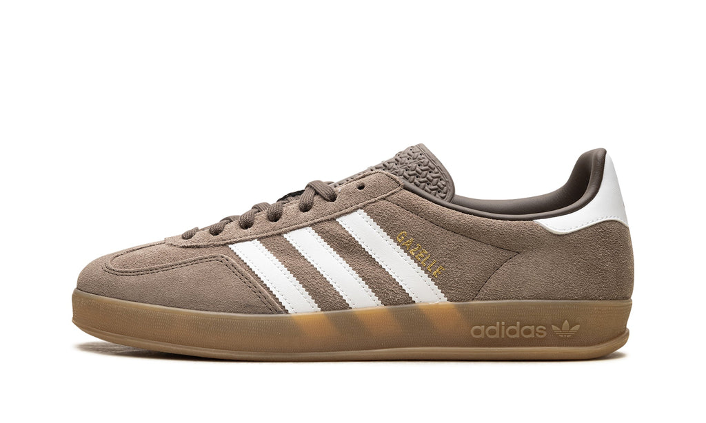 adidas Gazelle Indoor Sneakers - Taupe with White Stripes and Gum Sole