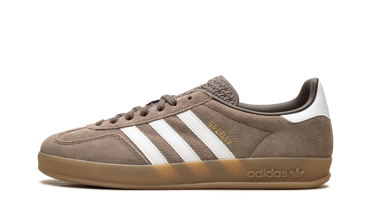 adidas Gazelle Indoor Sneakers - Taupe with White Stripes and Gum Sole